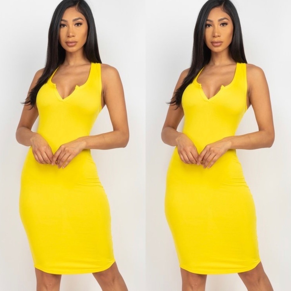 TRENDY SUMMER CASUAL SOFT BASIC DAYLILY YELLOW SPLIT V NECK SLEEVELESS TANK TOP